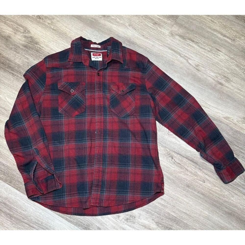 Wrangler Flex For Comfort Mens large Red‎ Black Plaid Button Shirt Long Sleeve